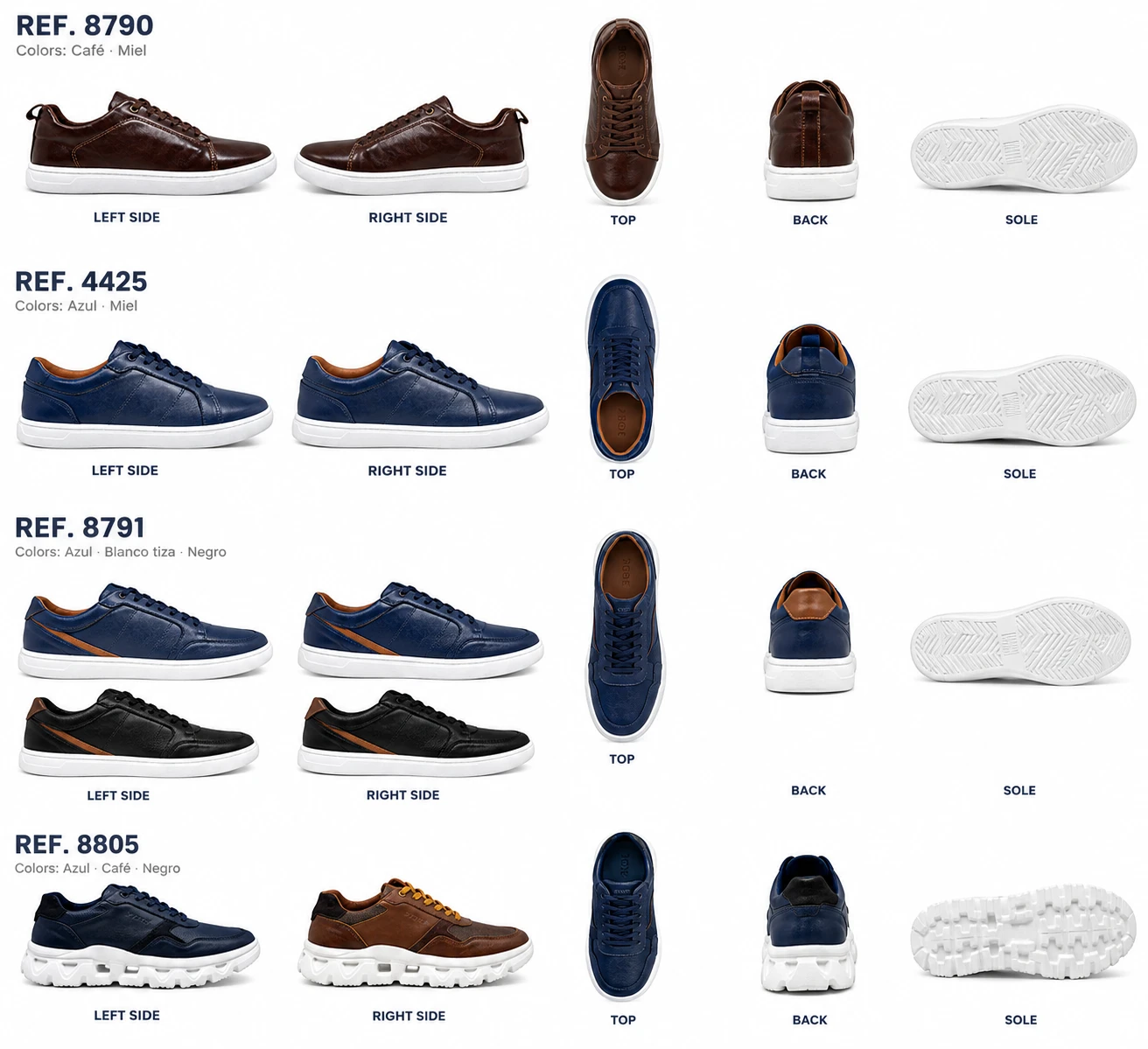 SELVA sneakers shown from every angle: left, right, top, back and sole