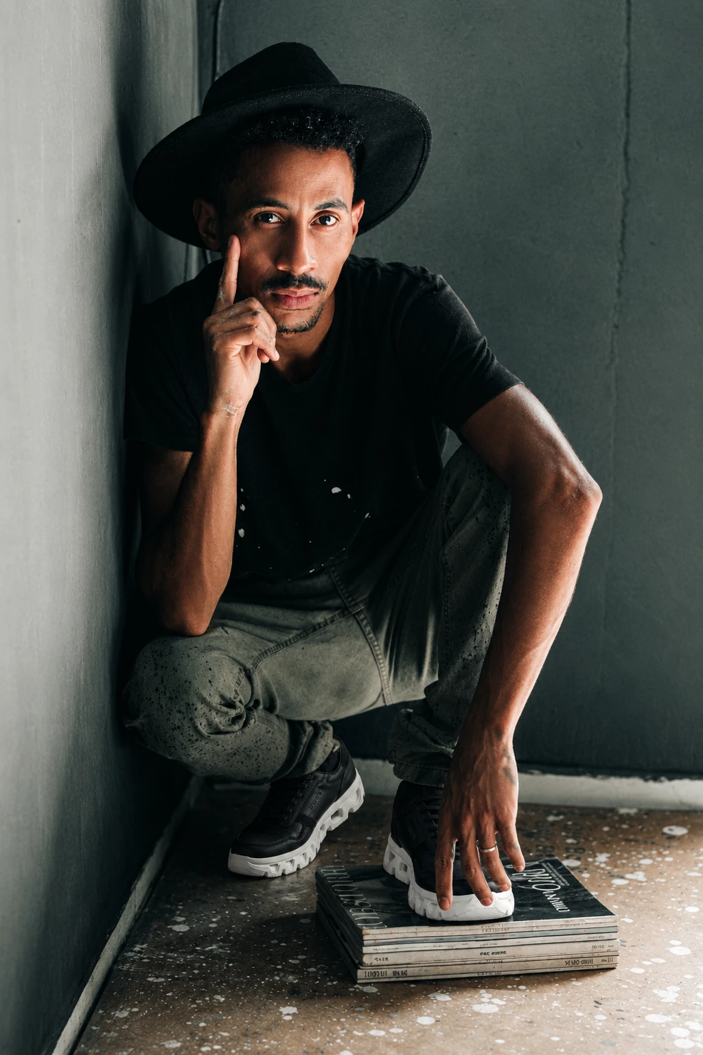 Wearing SELVA black leather sneakers